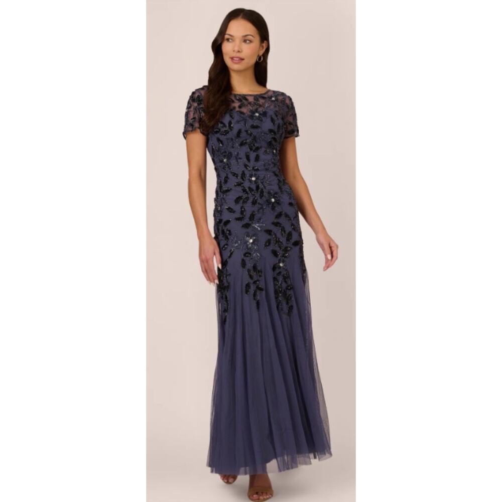 ADRIANNA PAPELL Hand Beaded Floral Godet Gown Navy sz 10 Formal Wedding